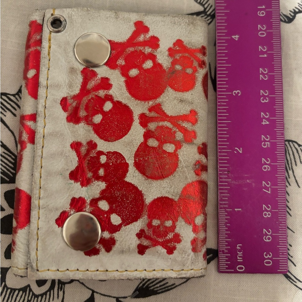 Small white / Red skull genuine leather wallet cute emo goth